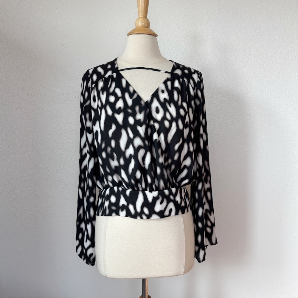 BOLD elements Black & White Abstract Long Sleeve V-Neck Blouse
